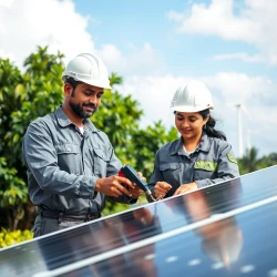 A South Asian male and female technician, both wearing grey utility uniforms with green accents and white safety helmets, working together on a solar panel in a tropical outdoor setting. They are using tools to inspect or connect solar wires, appearing focused and collaborative. Behind them are lush green trees and vegetation, with tall white wind turbines in the distance under a bright blue sky with soft clouds. The mood is professional and positive, emphasizing teamwork, clean energy, and sustainability. Photorealistic, well-lit, daylight scene.