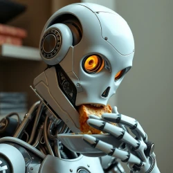 half human half robot eating food