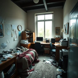 A messy room no one clean with working desk and dirty beds