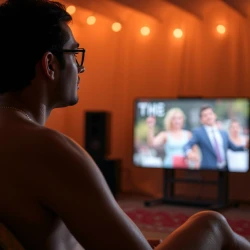 A guy wearing sarom, no T-shirt and watching movie 
