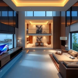 Create a room with 3 floors, luxury looks, have working space and a swimming pool