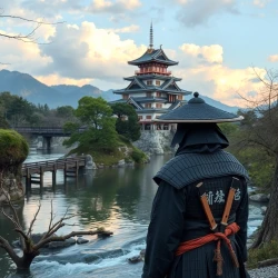 a japanese samurai looking at river. castle is on a mountain otherwise of river.