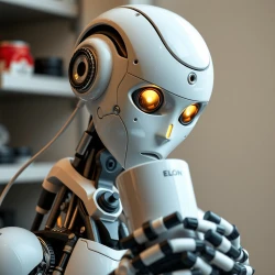 a robot with female head make coffee