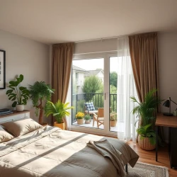 Apartment with tidy bed and beautiful garden

